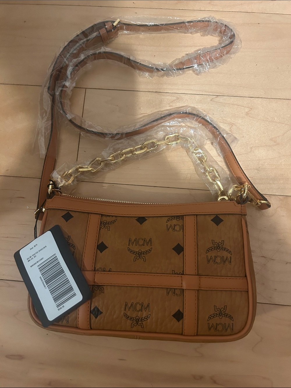 MCM Tan Visetos Logo Shoulder Bag with Gold Chain